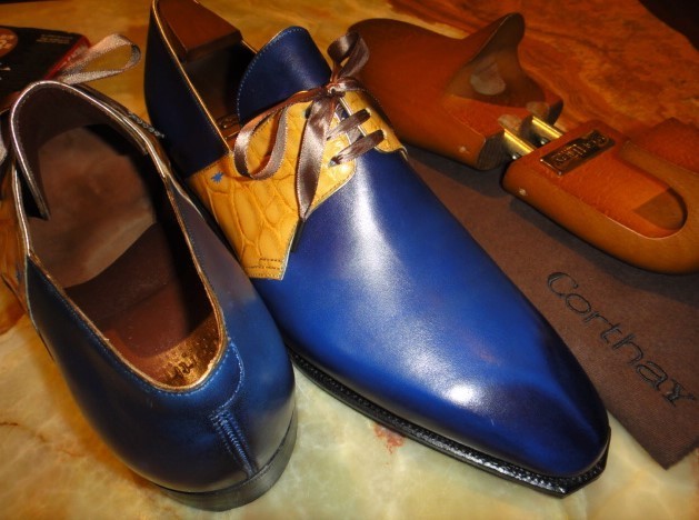 コルテ CORTHAY】外羽根 クロコ革コンビプレーントゥ 青紺 8{sold out 