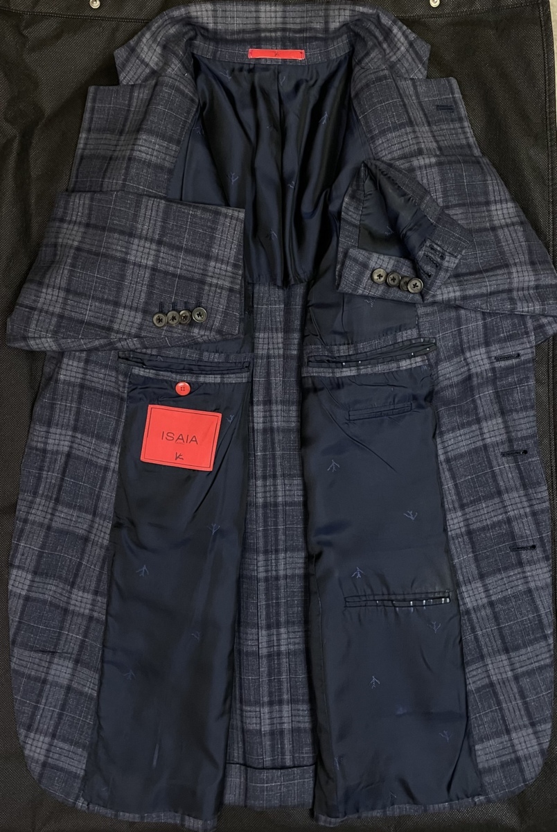 イザイア ISAIA】春夏 ウール 大判チェック格子柄 ジャケット 52 青紺 