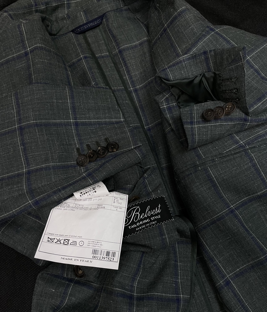 ベルベスト Belvest】春夏 絹麻綿チェック柄ジャケット 薄緑色 46{sold 