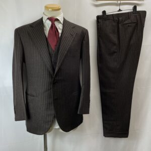 【LIVERANO & LIVERANO リベラーノ】ビスポーク注文服 秋冬向けフラノ毛 ストライプ柄スーツ 3Pスリーピース 茶色 50~52{sold out thanks!}