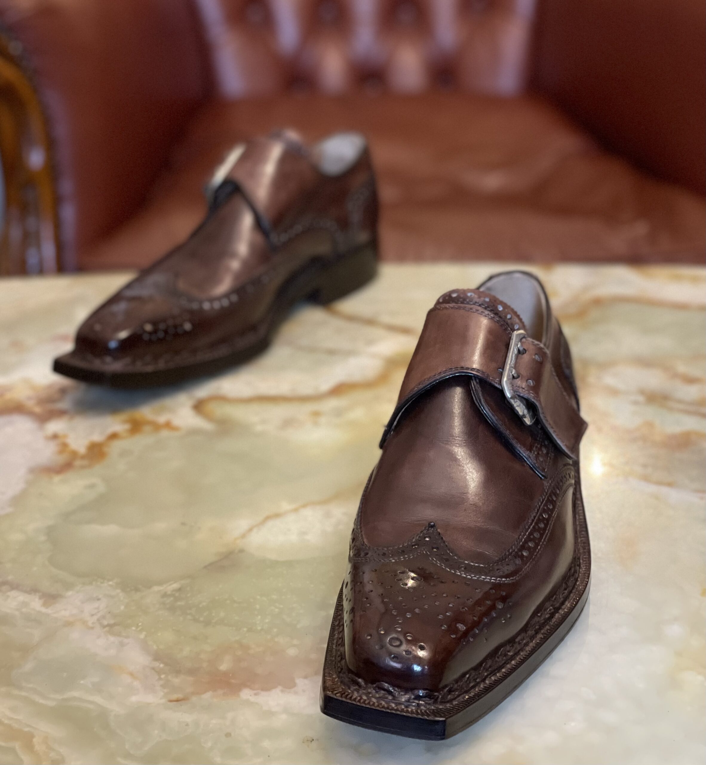 【Stefano Branchini ステファノ ブランキーニ】フィンランテーゼ製法 メダリオン装飾モンクストラップシューズ靴 5.5 茶色