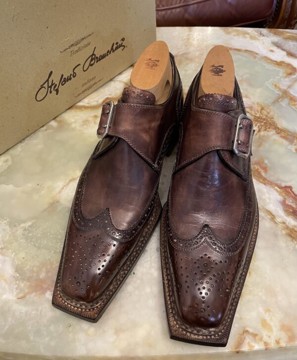 【Stefano Branchini ブランキーニ カルツォレリア】究極フィンランテーゼ製法 メダリオン装飾モンクストラップシューズ靴 7 26cm 茶色