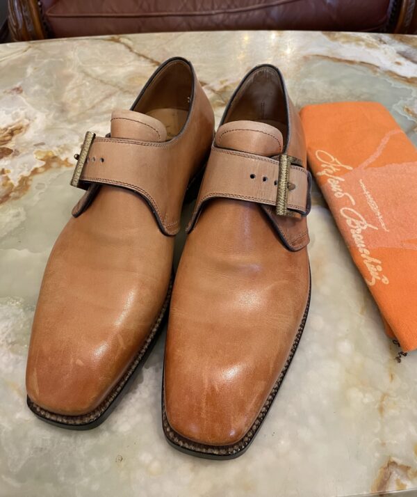 【Stefano Branchini ブランキーニ カルツォレリア】手仕事グッドイヤー製 シングルモンクストラップ靴シューズ 7.5 ベージュ薄橙色