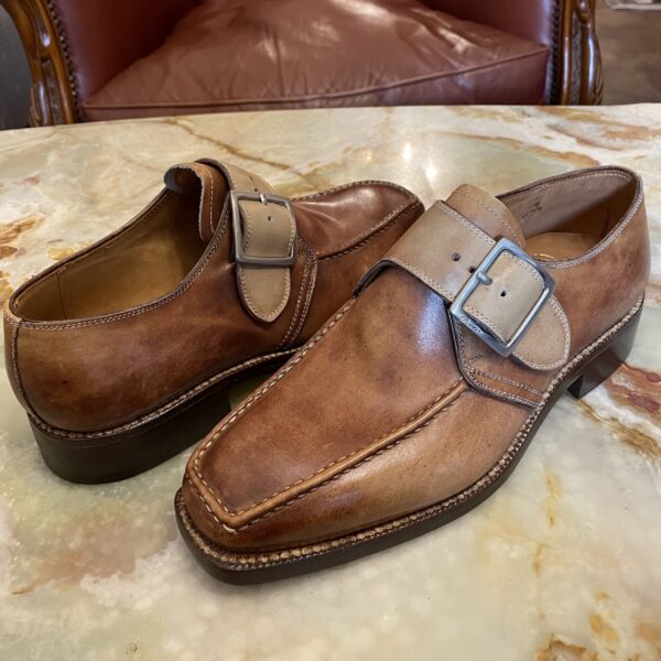 【Stefano Branchini ブランキーニ カルツォレリア】未使用品 手仕事グッドイヤー製 シングルモンクストラップ靴シューズ 7.5 茶色 - 画像 (2)