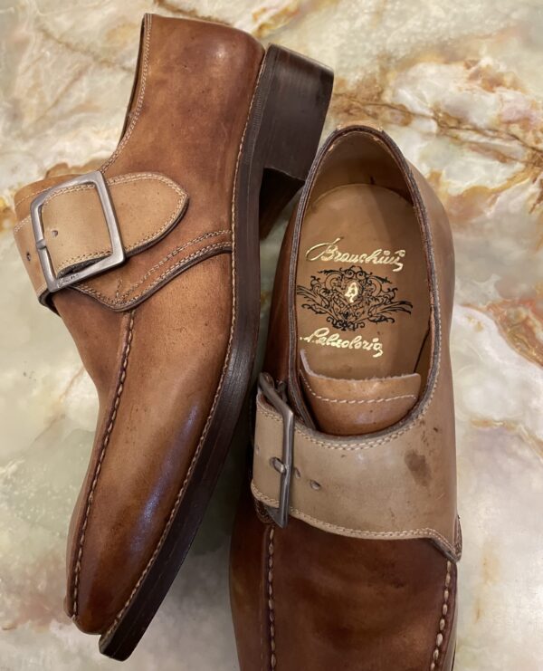 【Stefano Branchini ブランキーニ カルツォレリア】未使用品 手仕事グッドイヤー製 シングルモンクストラップ靴シューズ 7.5 茶色 - 画像 (4)
