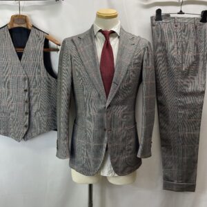 【DALCUORE ダルクオーレ】ビスポーク注文服 美麗ピークドラペル格子柄スリーピーススーツ 44~46 グレー系