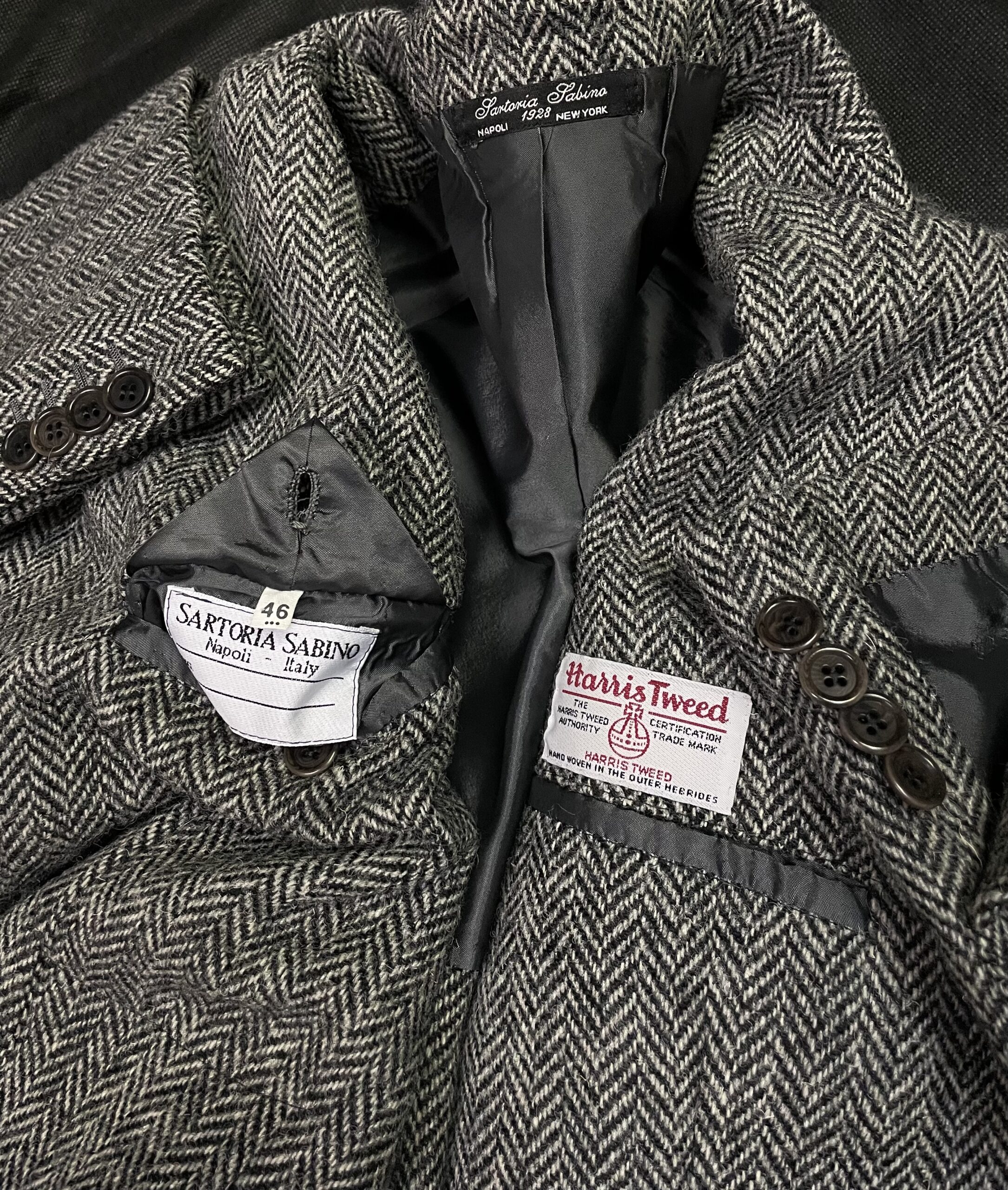 【SARTORIA SABINO サビーノ】手仕事ナポリ仕立て 秋冬向け ヘリンボーン織柄 ハリスツイード ジャケット 46 - 画像 (6)