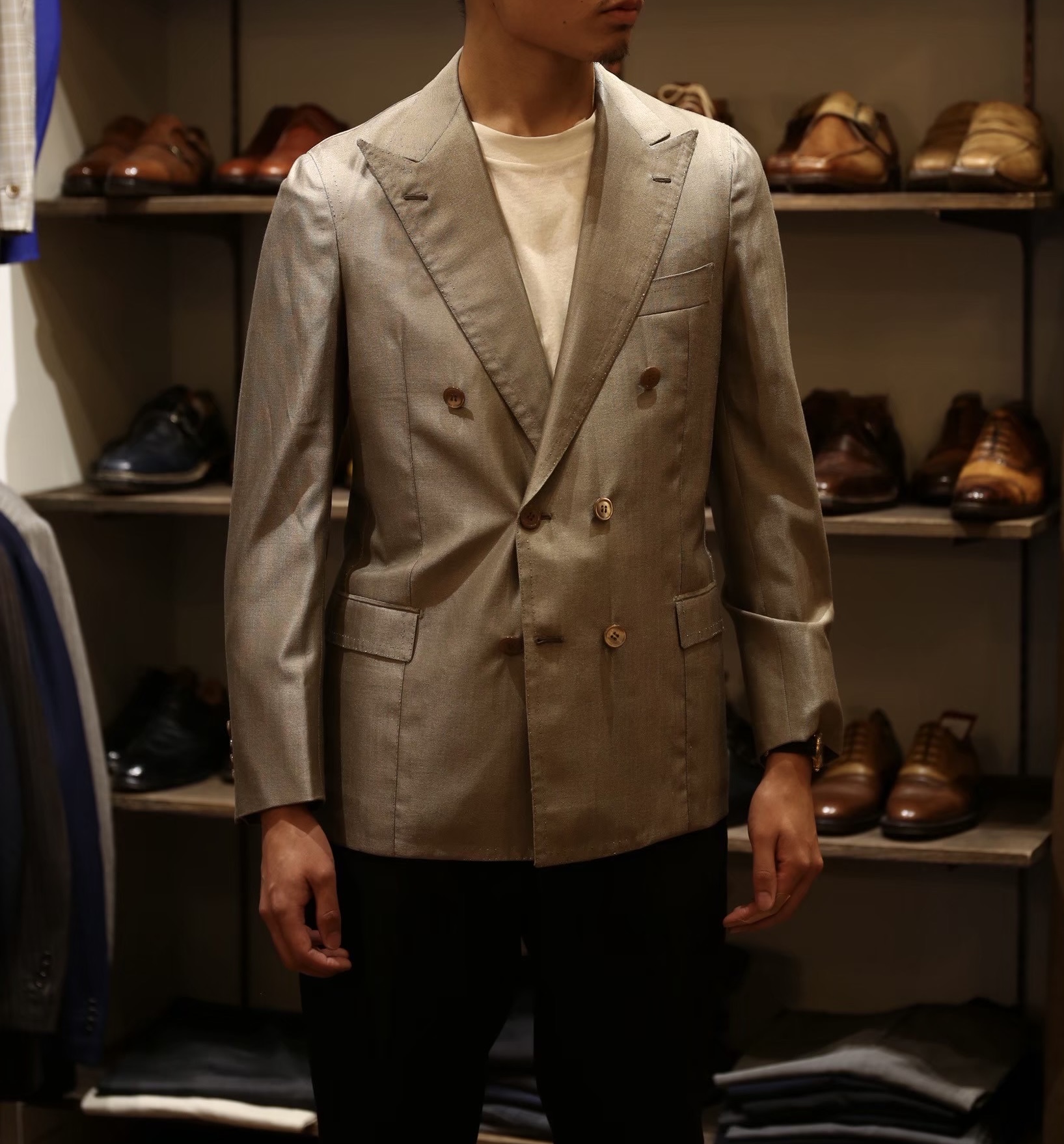 【Sartoria Manna マンナ】技巧ビスポーク注文服 手仕事ナポリ仕立て 絹毛150s ダブルジャケット 42~44 - 画像 (7)