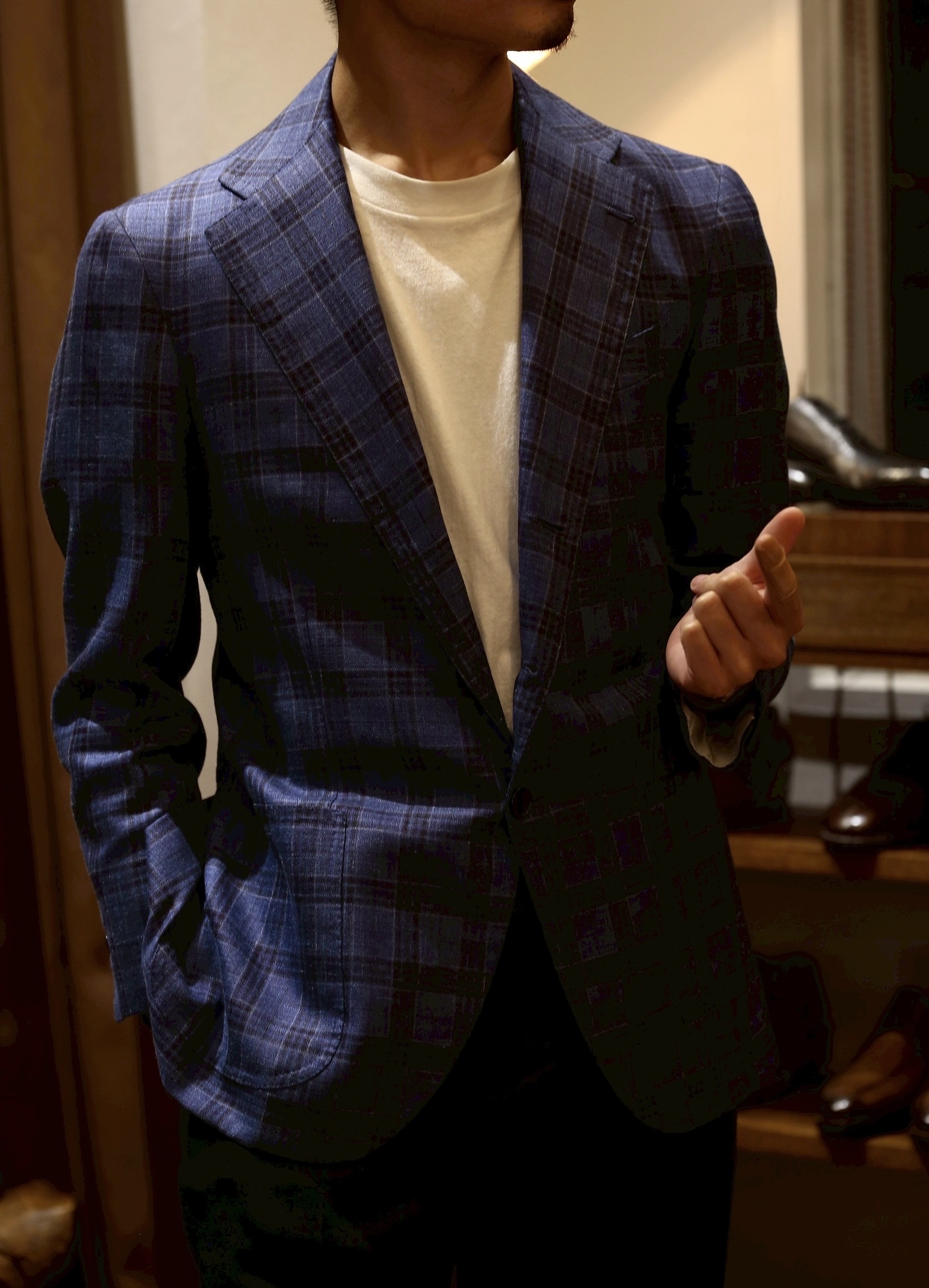 【Sarto Amato アマート】技巧ビスポーク注文服 手仕事ナポリ仕立て 絹麻毛3者混 チェック柄ジャケット 44位 - 画像 (8)