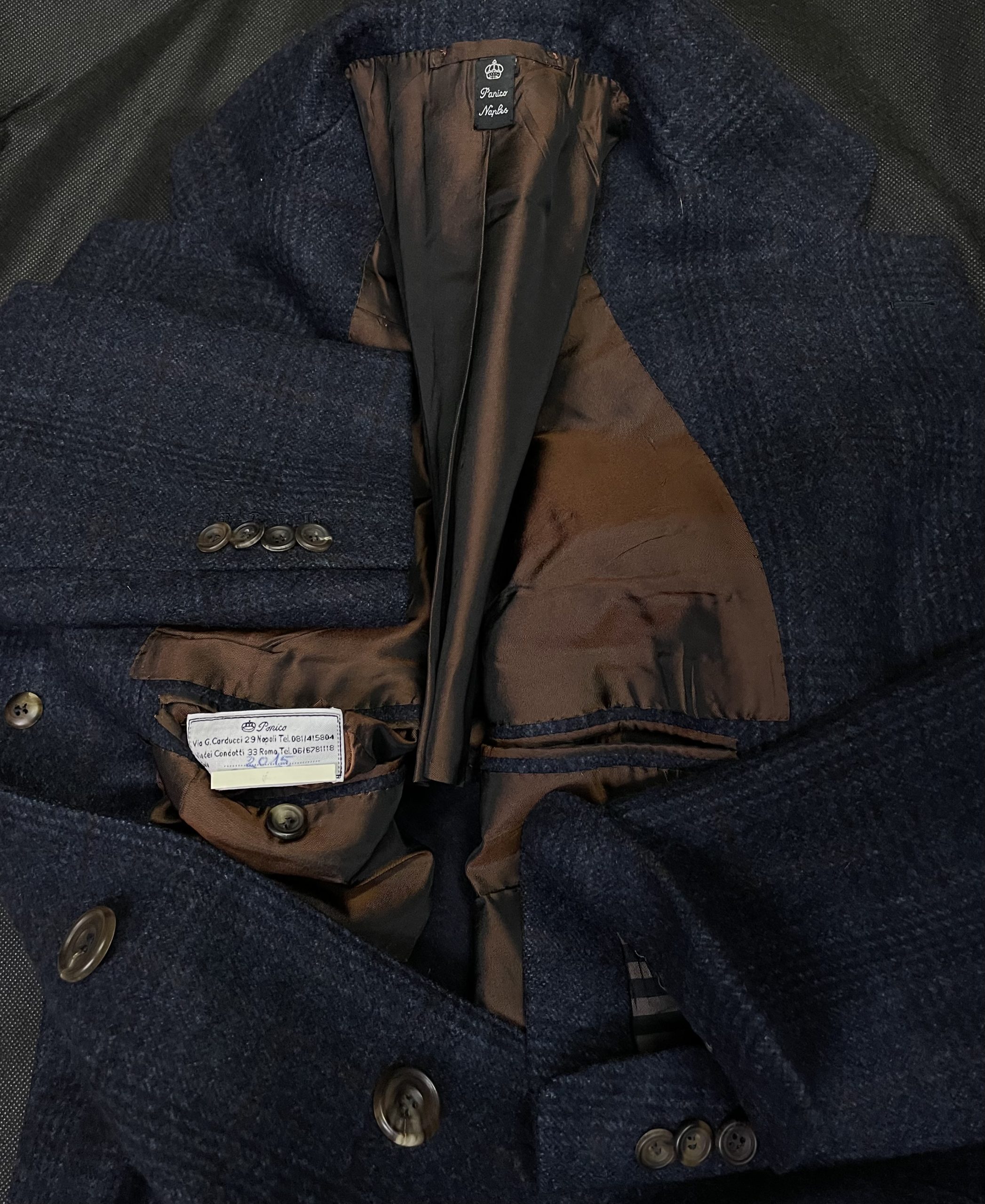 【PANICO パニコ】ナポリ仕立て生き神サルト 貴重ビスポーク注文服 チェスターコート 50~52 紺色チェック柄{sold out thanks!} - 画像 (6)