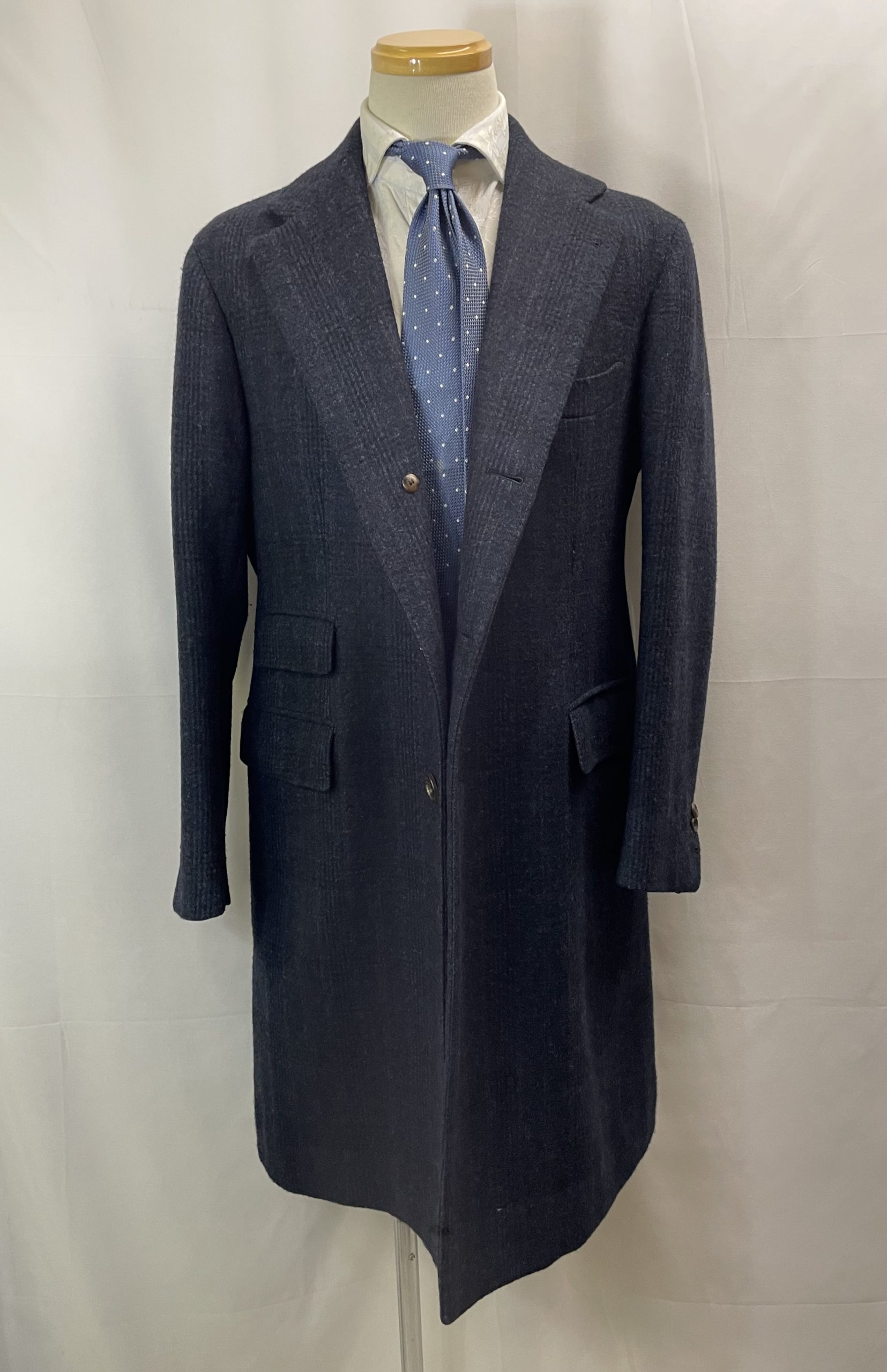 【PANICO パニコ】ナポリ仕立て生き神サルト 貴重ビスポーク注文服 チェスターコート 50~52 紺色チェック柄{sold out thanks!}