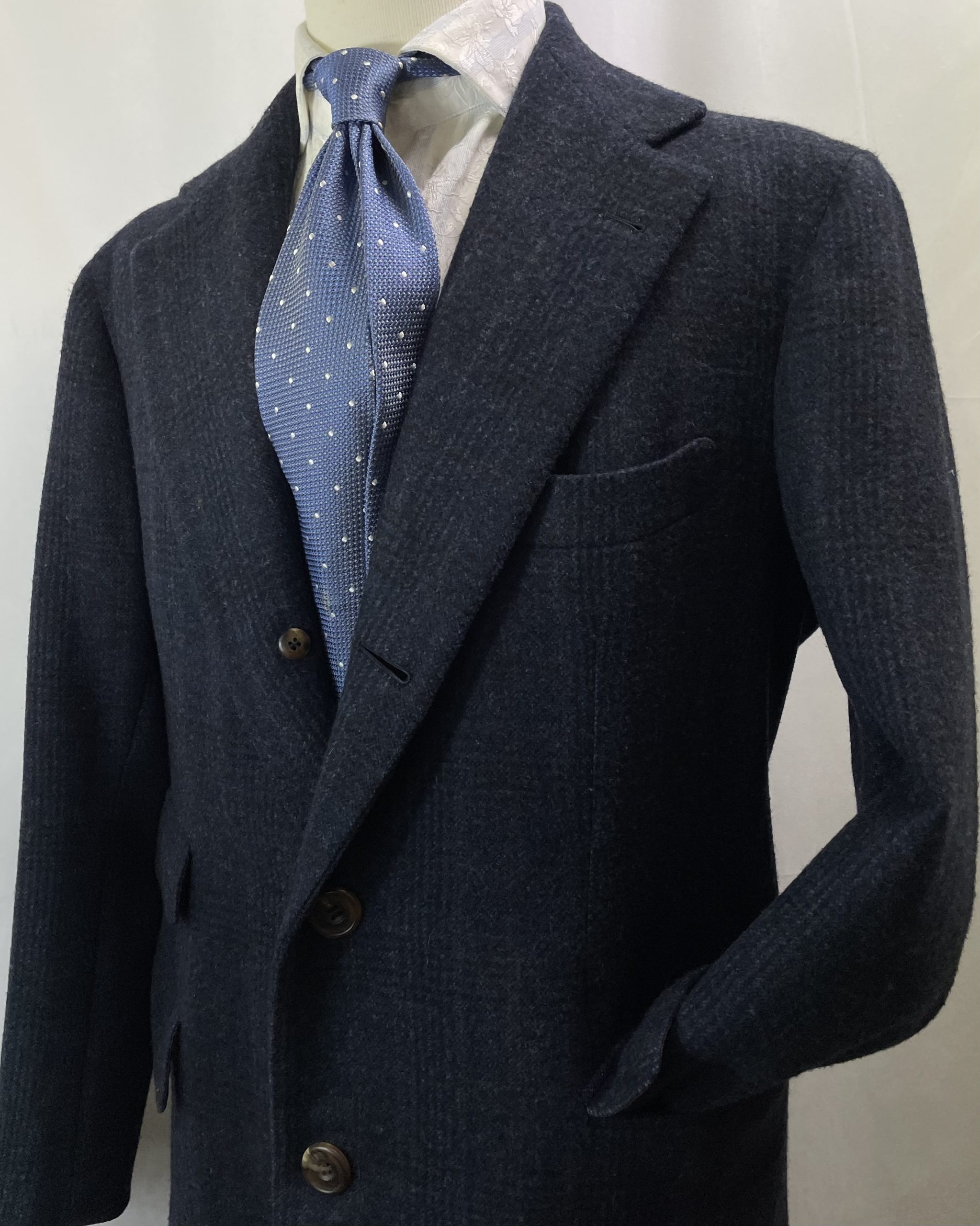 【PANICO パニコ】ナポリ仕立て生き神サルト 貴重ビスポーク注文服 チェスターコート 50~52 紺色チェック柄{sold out thanks!} - 画像 (3)