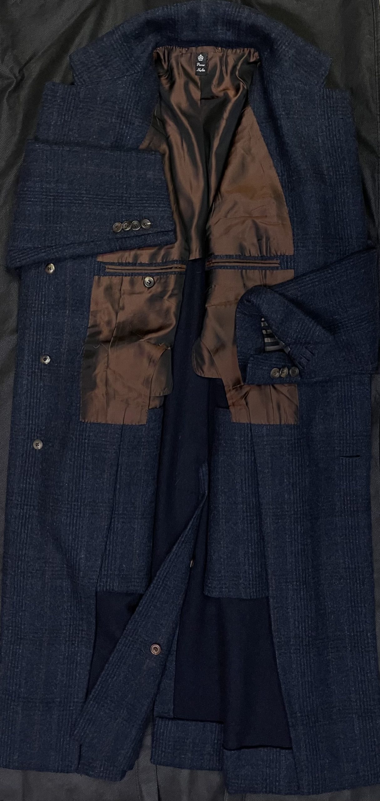 【PANICO パニコ】ナポリ仕立て生き神サルト 貴重ビスポーク注文服 チェスターコート 50~52 紺色チェック柄{sold out thanks!} - 画像 (5)