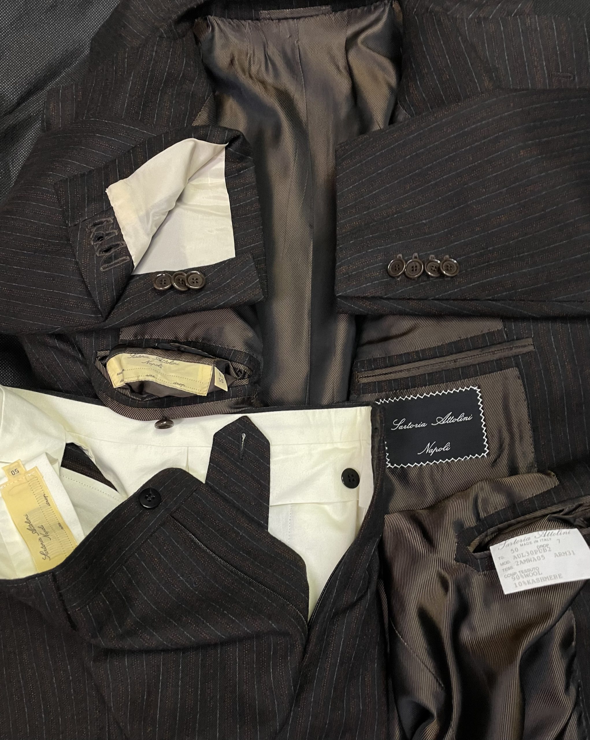 【Sartoria Attolini アットリーニ】秋冬向け カシミヤ混フラノウール 茶ストライプ柄ダークグレースーツ 48~50 - 画像 (5)