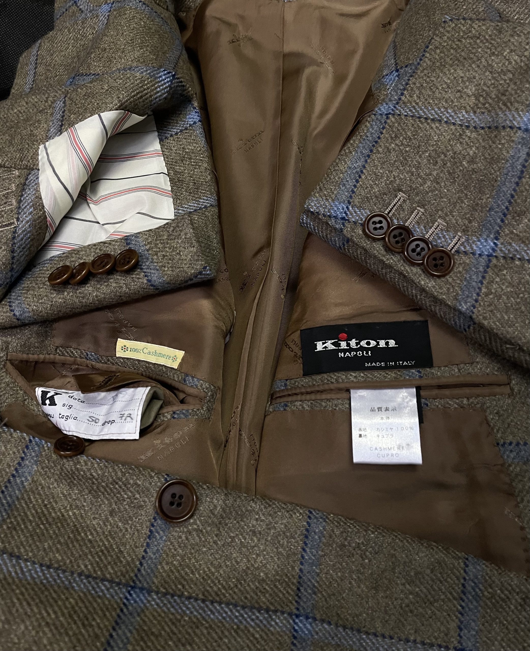 【Kiton キトン】秋冬向け 贅沢カシミヤ100% ウインドーペン格子柄ジャケット 50 52 ベージュ色 - 画像 (5)