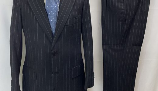 【La Vera Sartoria Napoletana ORAZIO LUCIANO】ナポリ仕立て 秋冬向けフラノウール ストライプ柄ネイビースーツ 48 濃紺