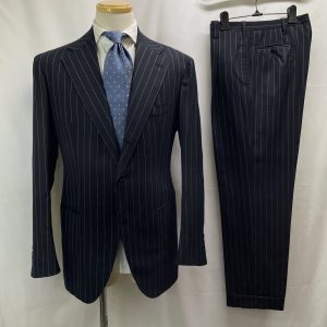【Pirozzi ピロッツィ】ナポリ四天王サルト ビスポーク注文服 合い物 ストライプ柄ネイビースーツ 52～54 紺色