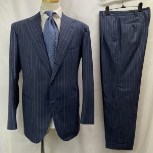 【Pirozzi ピロッツィ】ナポリ四天王サルト ビスポーク注文服 合い物 ストライプ柄グレーネイビースーツ 54～56 紺灰色