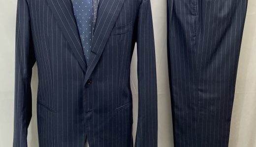 【Pirozzi ピロッツィ】ナポリ四天王サルト ビスポーク注文服 合い物 ストライプ柄グレーネイビースーツ 54～56 紺灰色