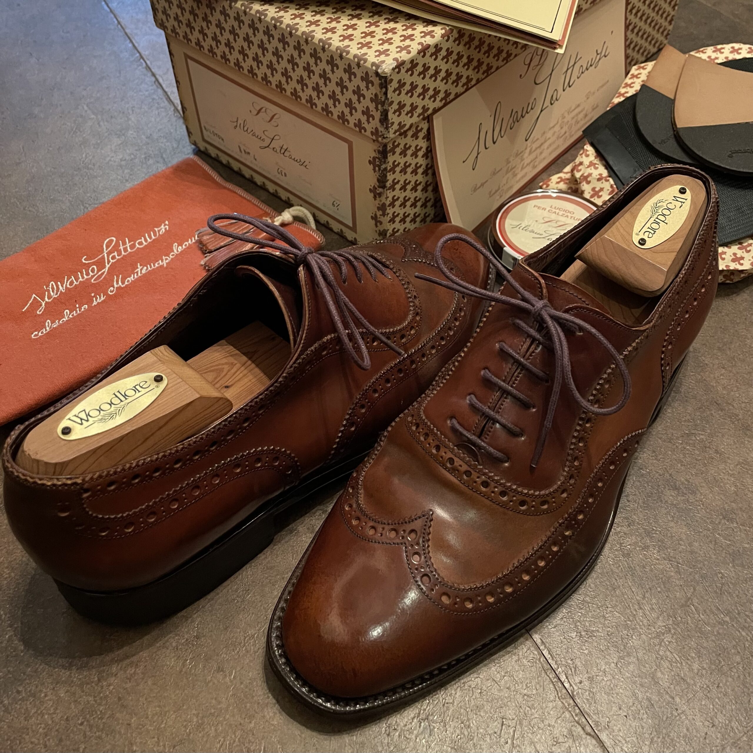 【Silvano Lattanzi シルバノラッタンジ】コードバン馬革ウイングチップ内羽根シューズ靴 6.5 25~25.5cm 茶色 - 画像 (3)