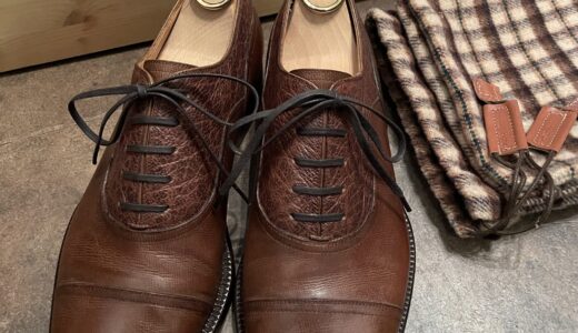 【ステファノベーメル STEFANO BEMER】エキゾチック革コンビ キャップトゥ靴ストレートチップシューズ 茶色 39.5 25cm位